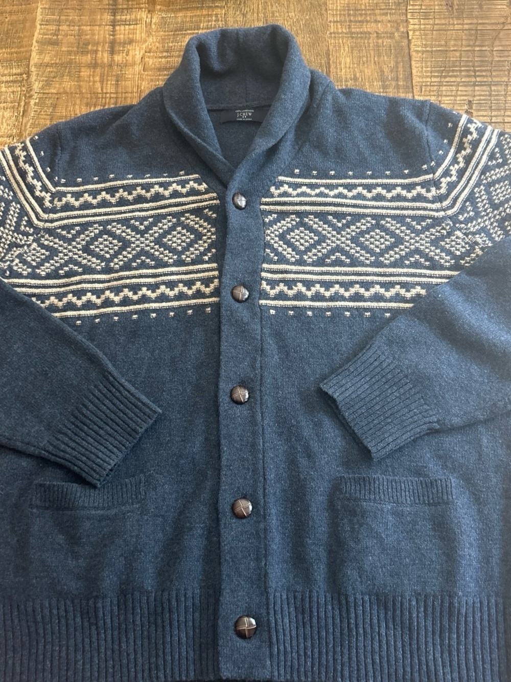J. Crew merino wool Navy Shawl-Collar Cardigan with Cream Fair Isle